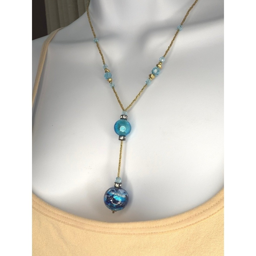 Y-Drop Necklace Blue Art Glass Gold Tone Beaded
